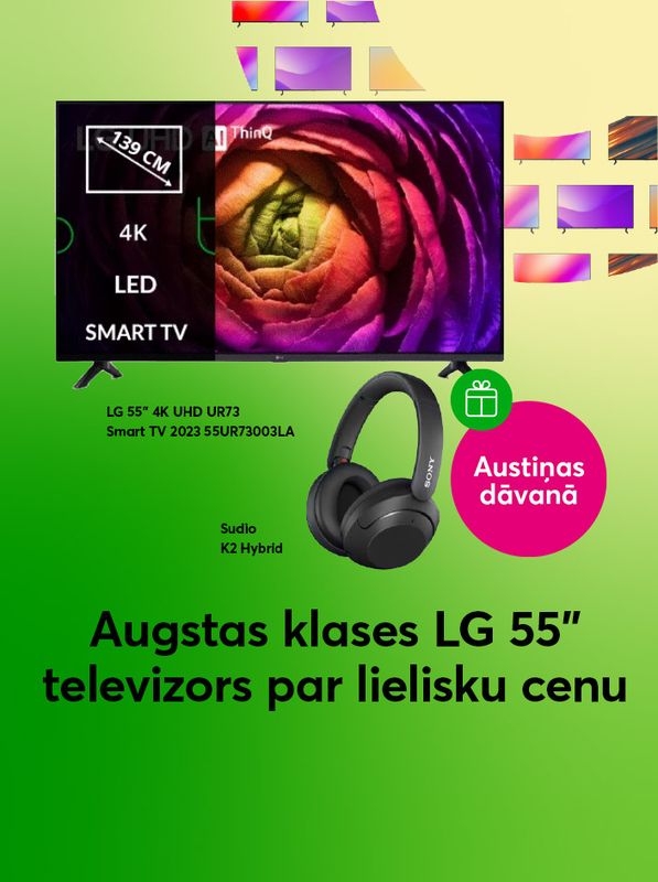 LG 55 collu televizors par lielisku cenu un bezvadu austiņas dāvanā