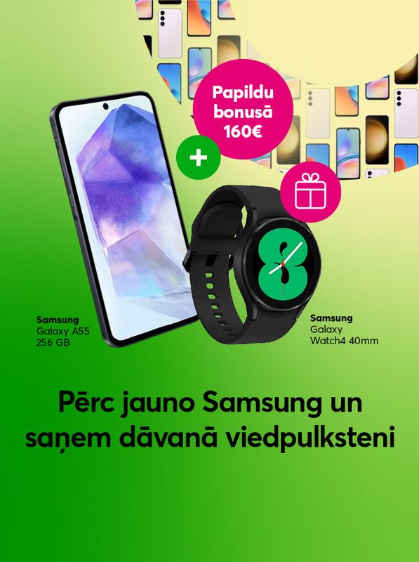 Iegādājies Samsung Galaxy A55 ar 160 eiro lielu atpirkuma bonusu, kā arī saņem Galaxy Watch4 viedpulksteni komplektā