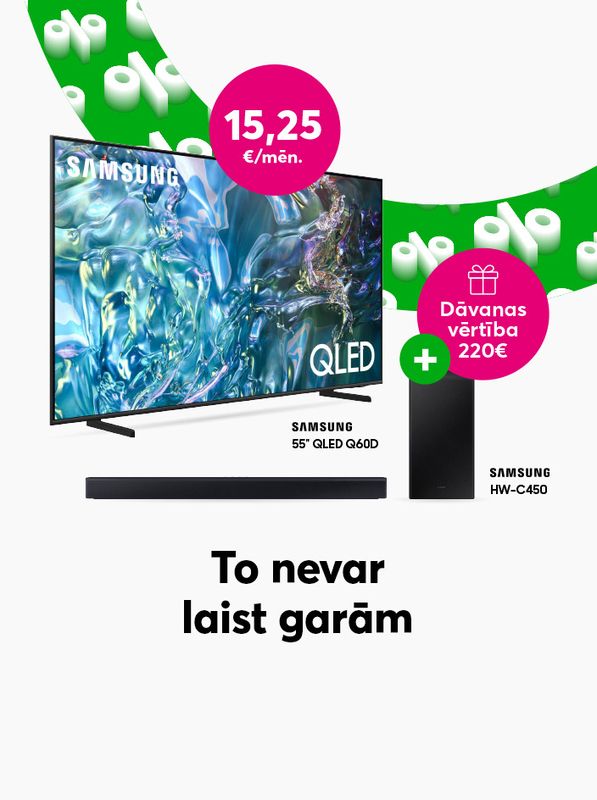 Samsung 55 collu QLED televizors par 15,25 eiro mēnesi ar Samsung skaņas sistēmu dāvanā