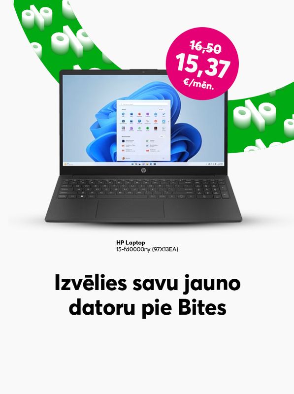 Izvēlies savu jauno datoru pie Bites. Pērc HP Laptopu par 15,37 eiro mēnesī iepriekšējo 16.50 eiro mēnesī vietā