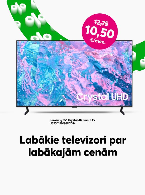 Labākie televevizori par labākajām cenām tikai pie Bites. Pērc Samsung 55 collu Crystal 4k Smart TV par 10,50 eiro mēnesī