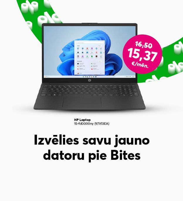 Izvēlies savu jauno datoru pie Bites. Pērc HP Laptopu par 15,37 eiro mēnesī iepriekšējo 16.50 eiro mēnesī vietā