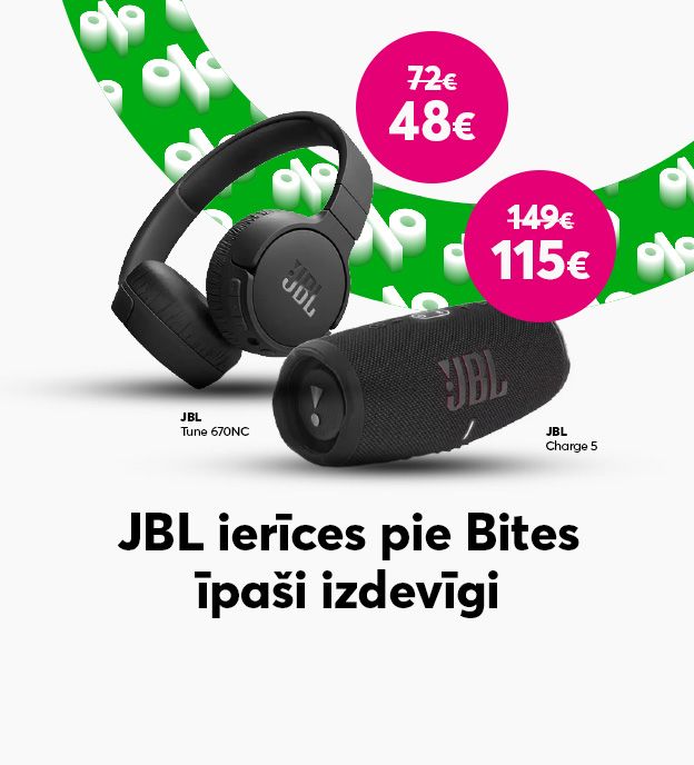 JBL ierīces pie Bites īpaši izdevigi. JBL Tune austiņas tagad tikai 48 eiro mēnesī un JBL tumbiņa 115 eiro mēnesī