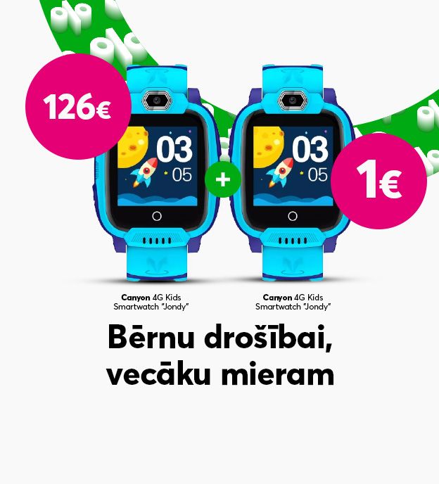 Bērnu drošībai un vecāku sirdsmieram pērc Canyon 4G Kids Smartwatch par 126 eiro un otru tādu pašu saņem par 1 eiro