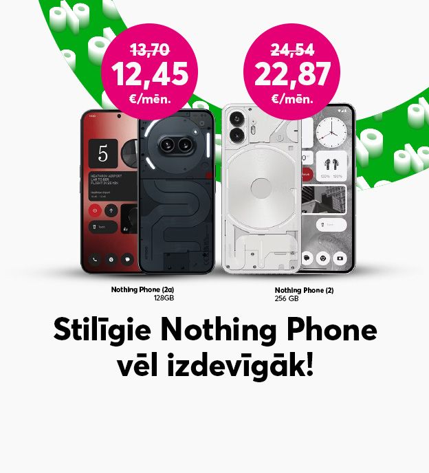 Stilīgie Nothing Phone vēl izdevīgāk. Pērc Nothing Phone 2A 128 gb tikai par 12,45 eiro mēnesī