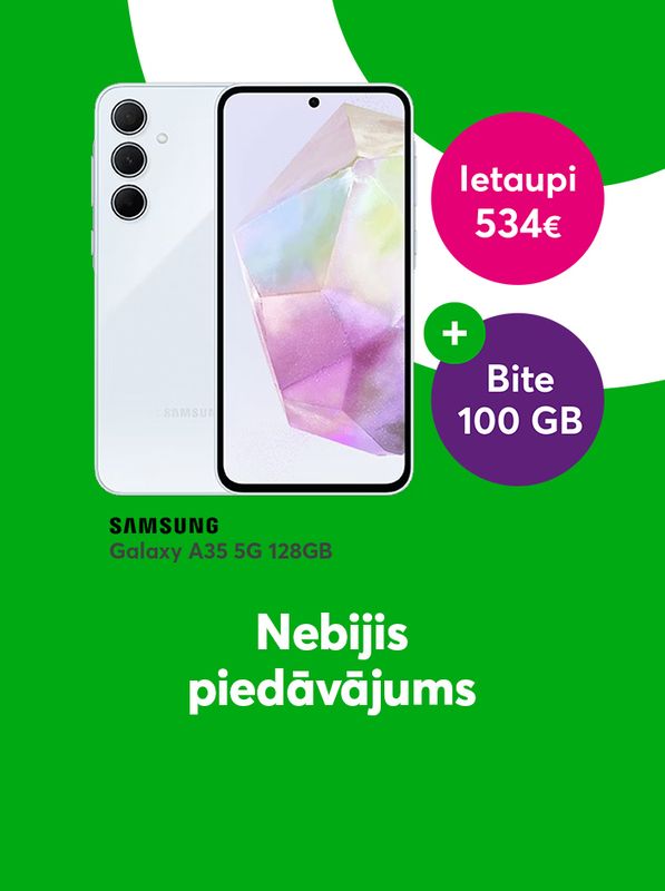 Samsung Galaxy A35 telefons un balss tarifu plāns Bite 100 GB komplektā ar 534 eiro ietaupījumu