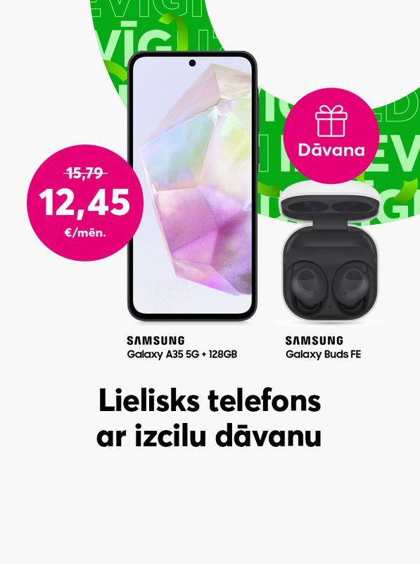 Pērc Samsung Galaxy A35 par 12,35 eiro mēnesī un dāvānā saņem Galxy Buds FE austiņas