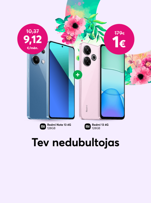 Pērc Xiaomi Redmi Note 13 128GB tikai par 9,12 eiro mēnesī līdzšinējo 10,37 eiro vietā un saņem Xiaomi Redmi 13 128GB tikai par 1 eiro