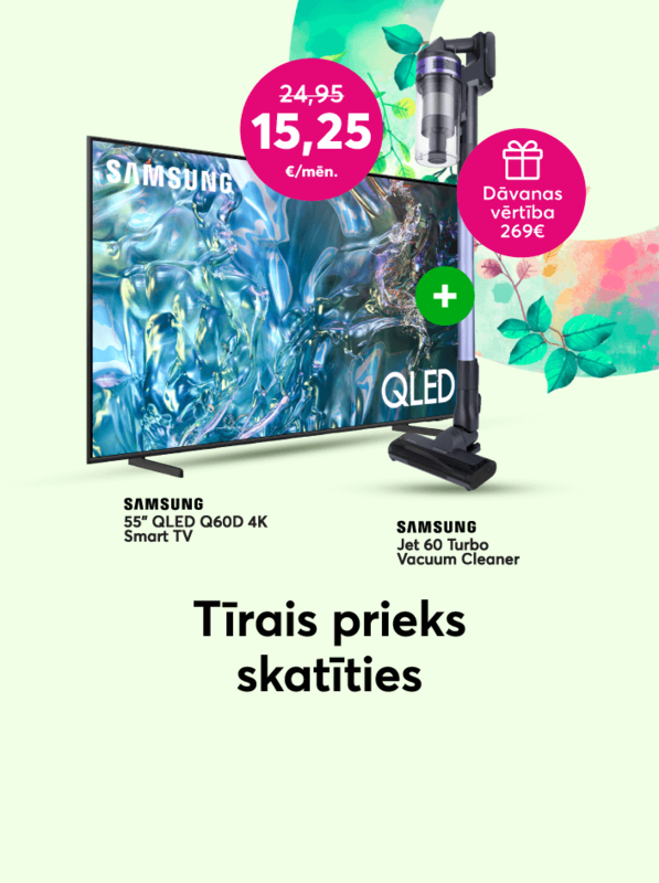 Iegādājies Samsung 55 collu QLED Q60D 4K Smart TV par 15,25 eiro mēnesī līdzšinējo 24,95 eiro vietā un saņem dāvanā Samsung Jet 60 Turbo putekļusūcēju 269 eiro vērtībā.