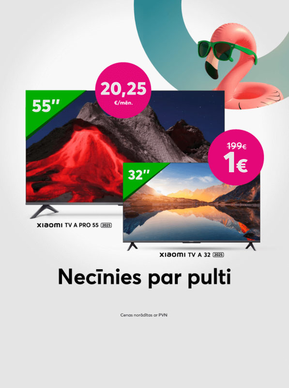 Pērc jaunāko Xiaomi TV Pro 55 collu televizoru par 20,25 eiro mēnesī un saņem Xiaomi 32 collu televizoru par 1 eiro
