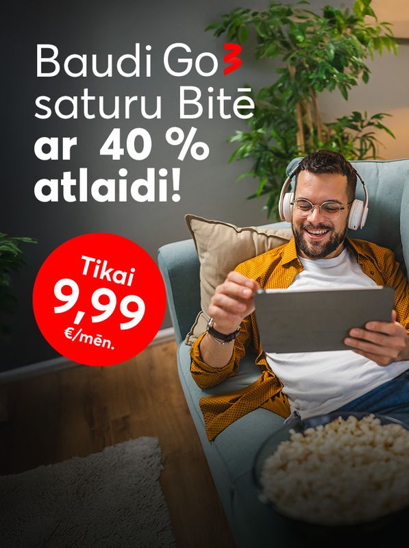 Pieslēdz Go3 "Viss iekļauts" pie Bites un baudi vairāk nekā 40 TV kanālus, filmas, seriālus un sporta mirkļus par 9,99 € mēnesī