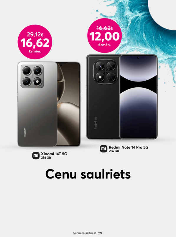 Pērc telefonu Xiaomi 14T 5G 256 GB par 399 eiro, iepriekšējo 699 eiro vietā. Pērc Redmi Note 14 Pro 5G telefonu par 288 eiro, iepriekšējo 399 eiro vietā. 