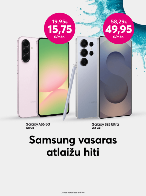 Pērc telefonu Samsung Galaxy S25 Ultra 256GB par 1199 eiro iepriekšējo 1399 eiro vietā vai iegādājies Samsung Galaxy A56 5G 128GB telefonu par 378 eiro iepriekšējo 479 eiro vietā. 