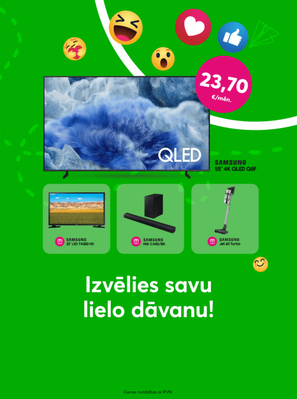 Iegādājoties Samsung 55 collas 4K QLED televizoru par 599 eiro, izvēlies savu dāvanā Samsung 32 collas LED T4300 HD teleizoru, vai Samsung HW-C450/EN skaņas sistēmu, vai rokas putekļusūcēju Samsung Jet 60 Turbo.
