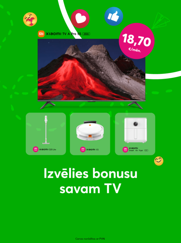 Pērc televizoru Xiaomi TV A Pro 55 collu par 449 eiro un izvēlies savu dāvanu – rokas putekļusūcēju Xiaomi G20 Lite vai putekļusūcēju robotu Xiaomi E5 vai Karstā gaisa friteri Xiaomi Smart Air Fryer (ietilpība?) 6,5 litri