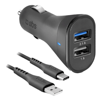 Car Charger 2100mAh 2xUSB+Type-C Cable By SBS Black | Bite