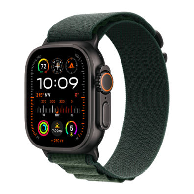 (LV) Apple Watch Ultra 2 GPS + Cellular 49mm Black Titanium Case with Dark Green Alpine Loop - Large | Bite